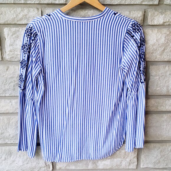 Loft Blue and White Pinstripe Flounce Sleeve Blouse - Picture 3 of 7